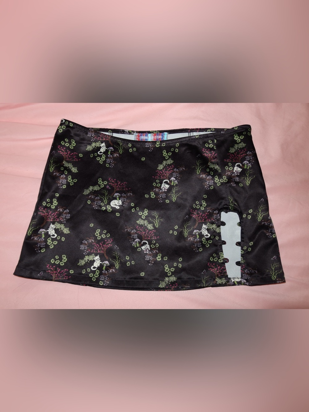 Urban Outfitters Black Satin Printed Lace-Up Mini Skirt
